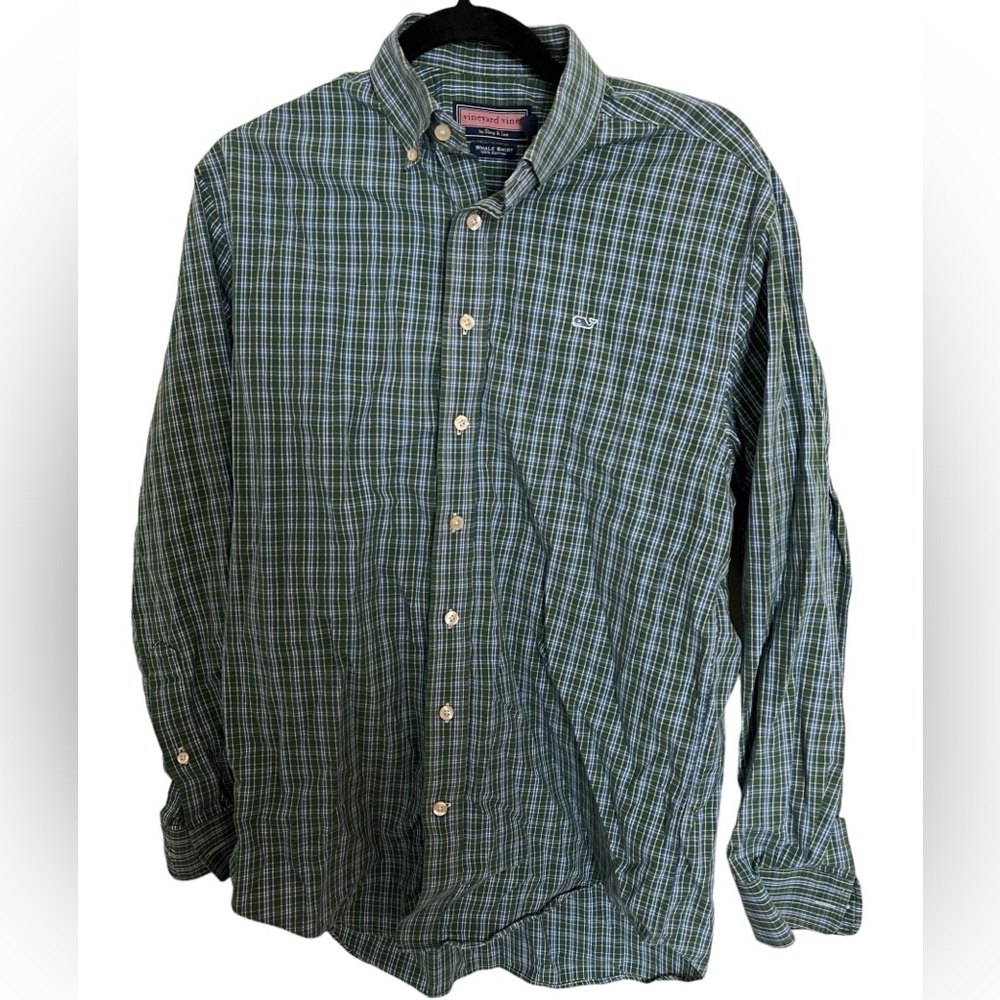Vineyard Vines Whale Shirt Men's S Plaid Cotton Green Blue Long Sleeve Buttons ✅